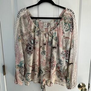 American Rag Cie L Boho Paisley Peasant Crochet Lace Tie Front Blouse LS